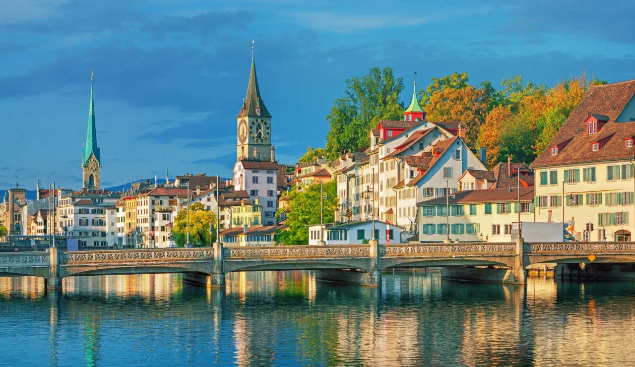 View of the city of Zurich and its typical buildings and houses during a visit to Switzerland on a sunny day