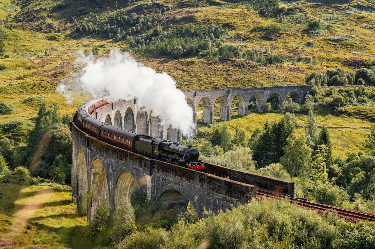 Train traversant le viaduc de Glenfinnan, composé de plusieurs arches de béton, au cœur d'une nature verdoyante