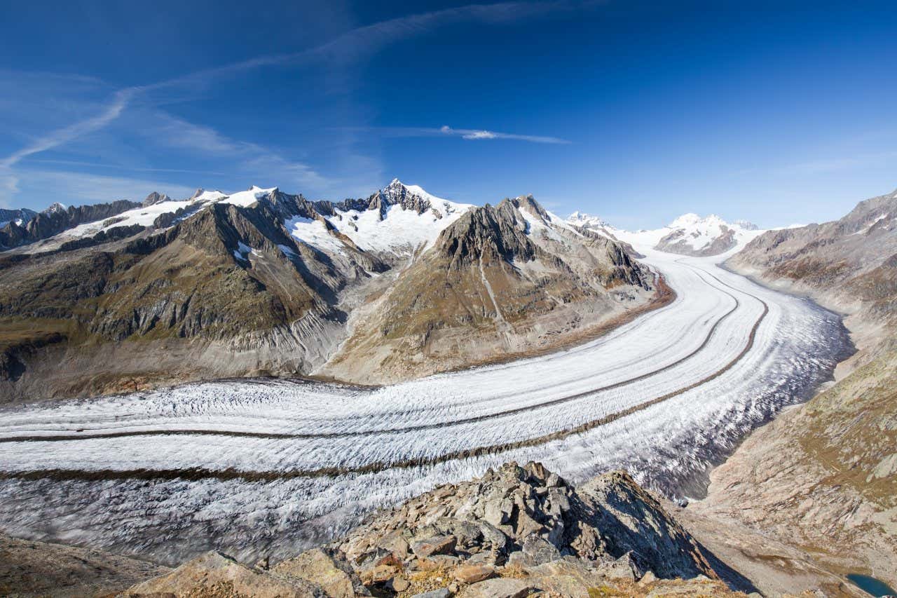 View of the 23 km-long Aletsch glacier, the longest in the Alps, in the heart of Switzerland