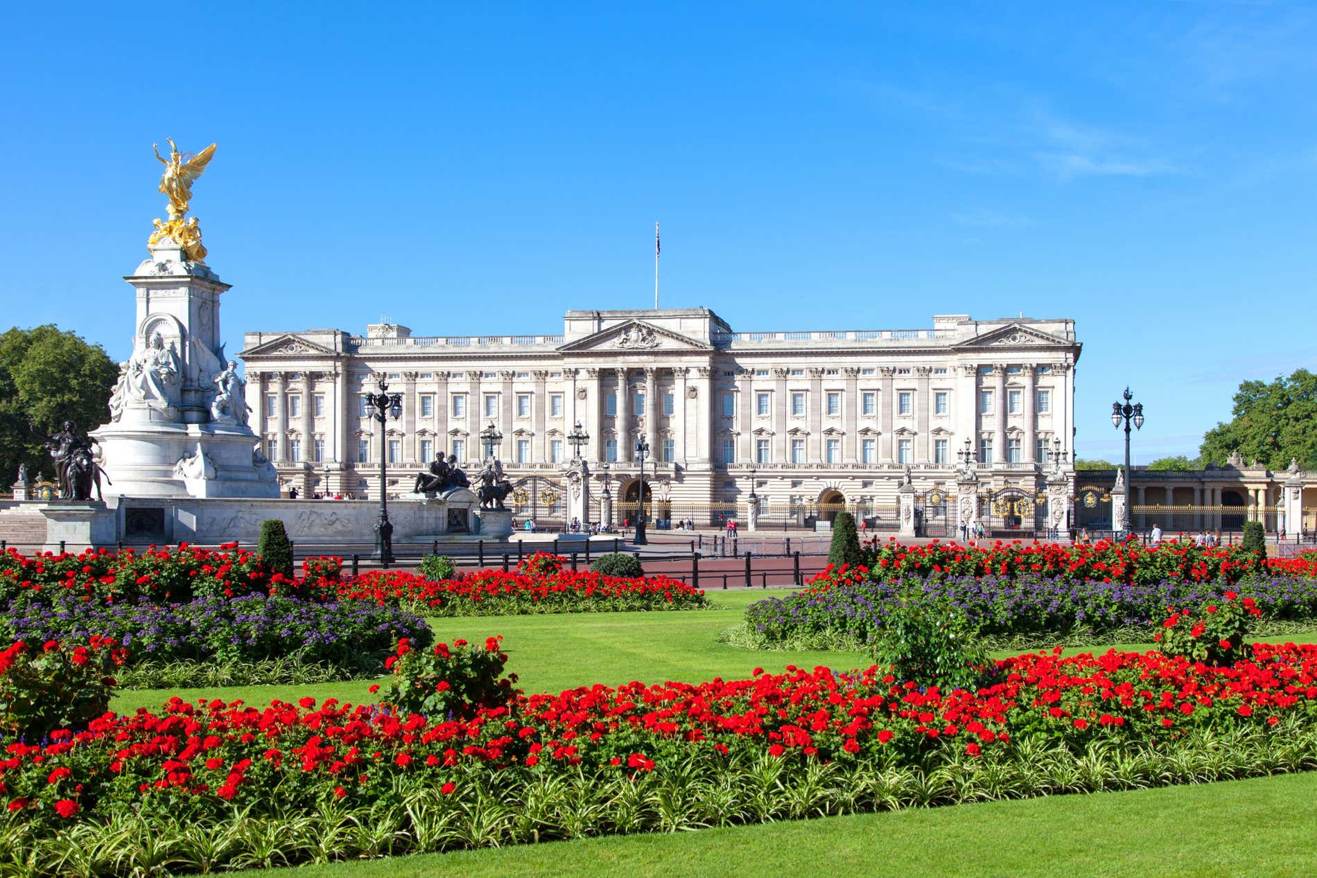 Vista panoramica di Buckingham Palace con i giardini reali di fronte pieni di fiori rossi e la statua di un angelo