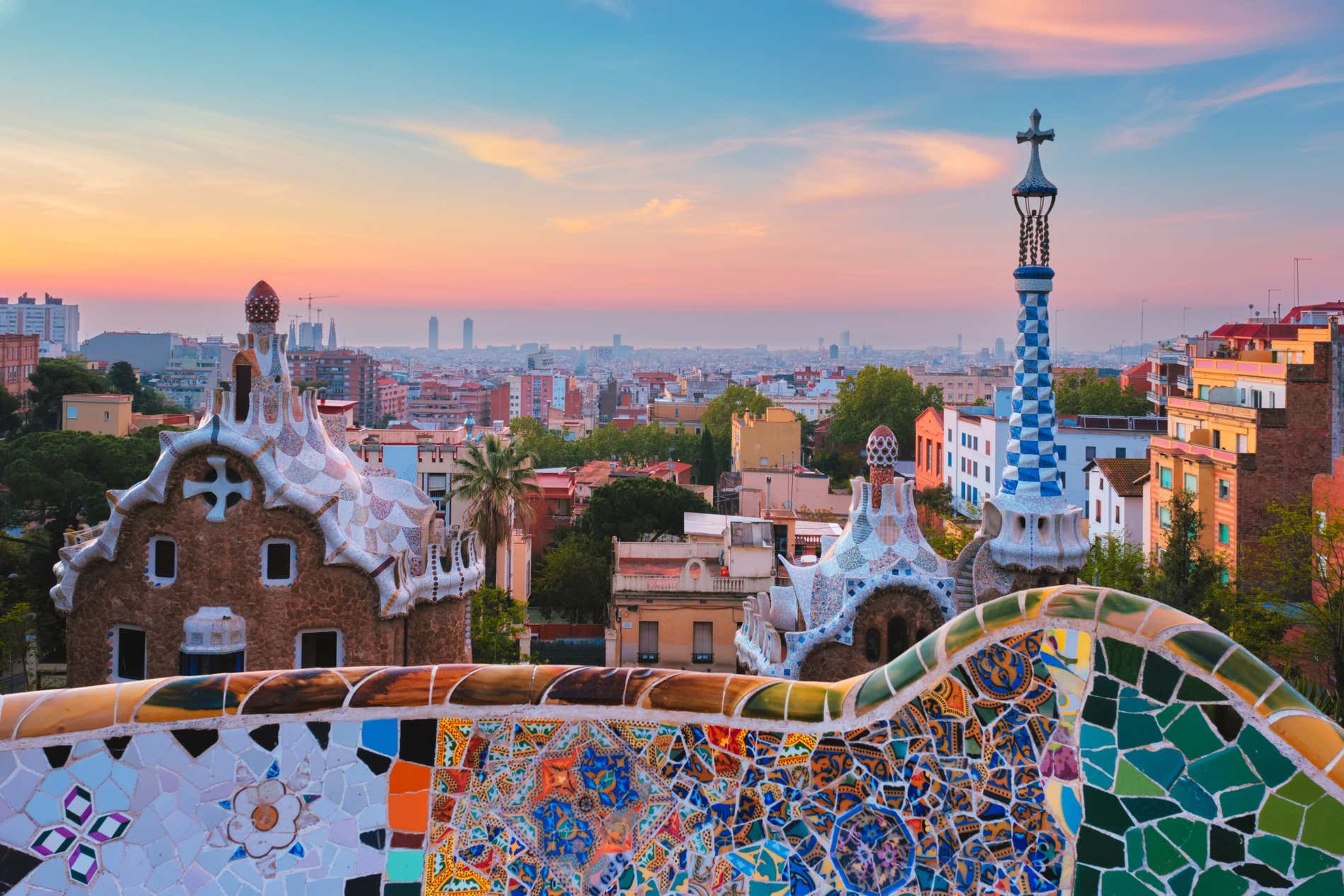 Views of Barcelona from Park Güell at sunset.