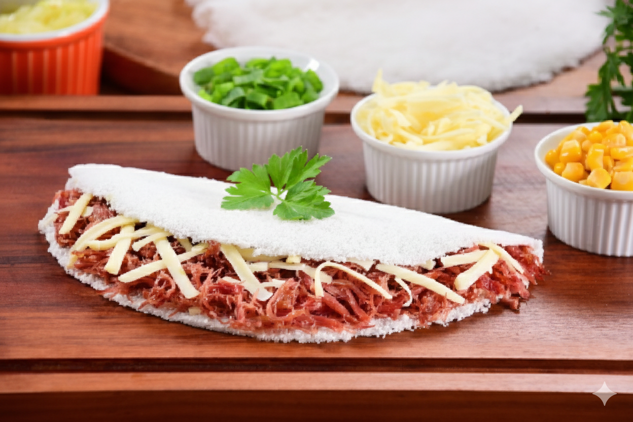 Tapioca recheada com carne do sol, um prato típico de Fortaleza