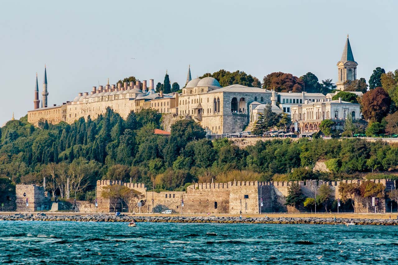 The Topkapi Palace in Istanbul as seen from across the water, on a clear day.
