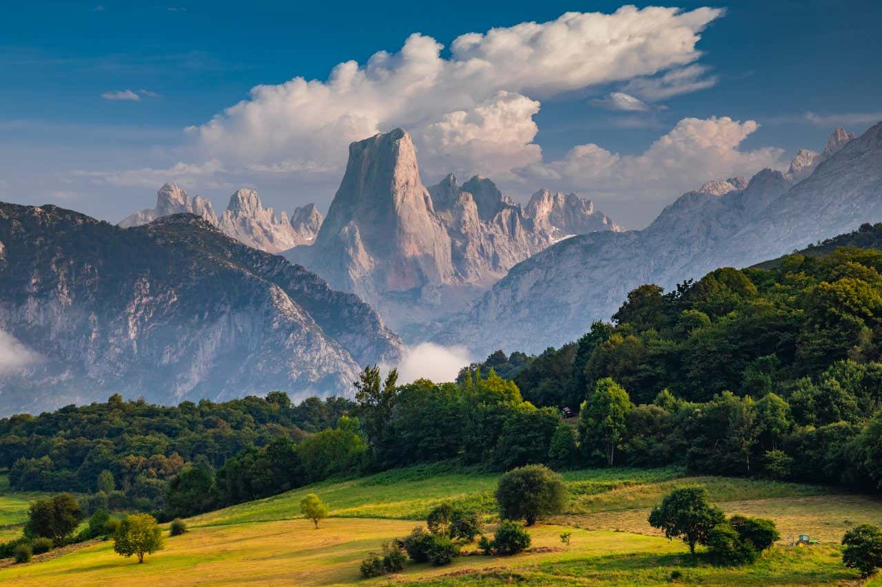 Alcuni picchi molto aguzzi svettano sullo sfondo si una vallata verde