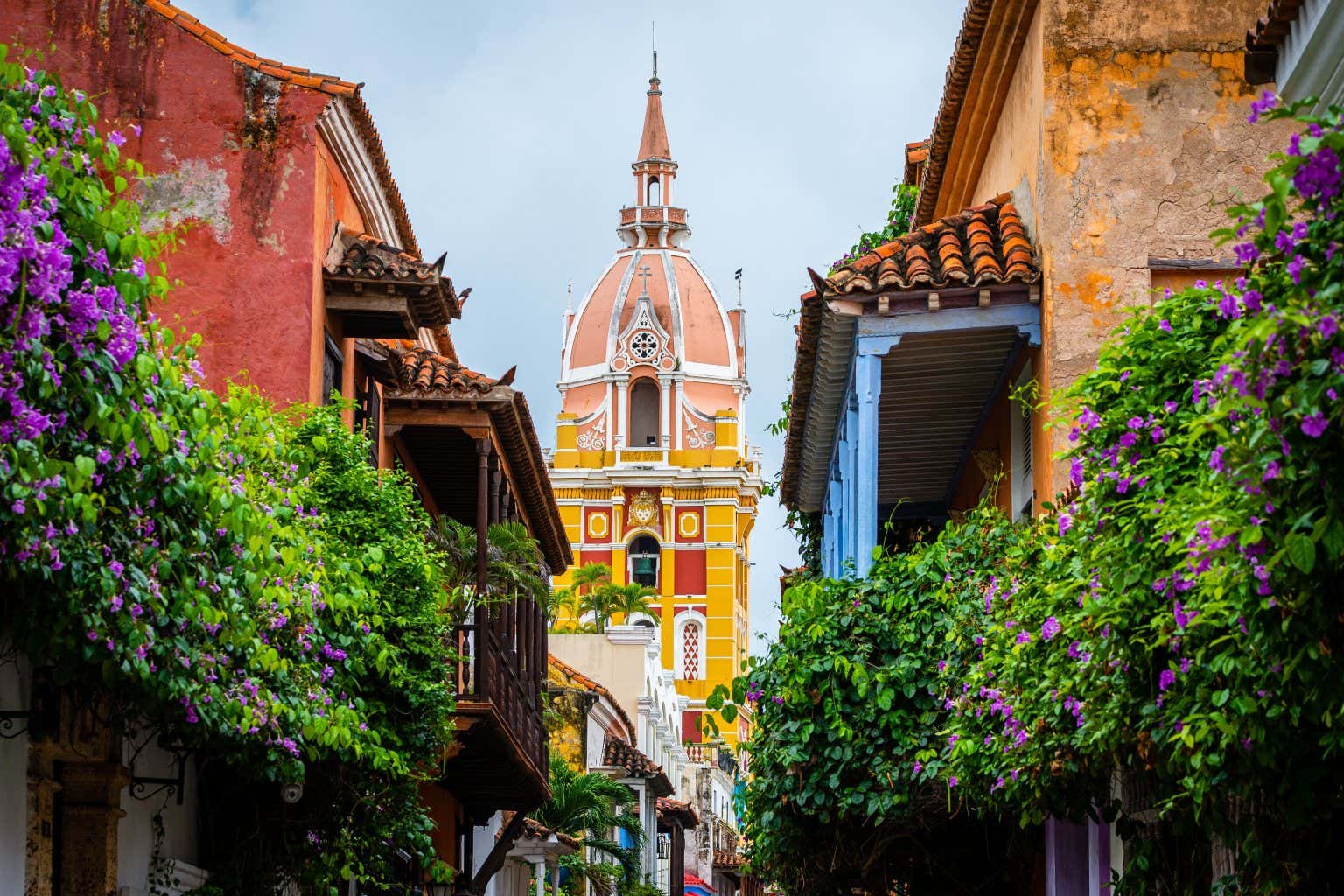 Uno scorcio di Cartagena de Indias, con case colorate, una torre sullo sfondo e piante e fiori che decorano le abitazioni