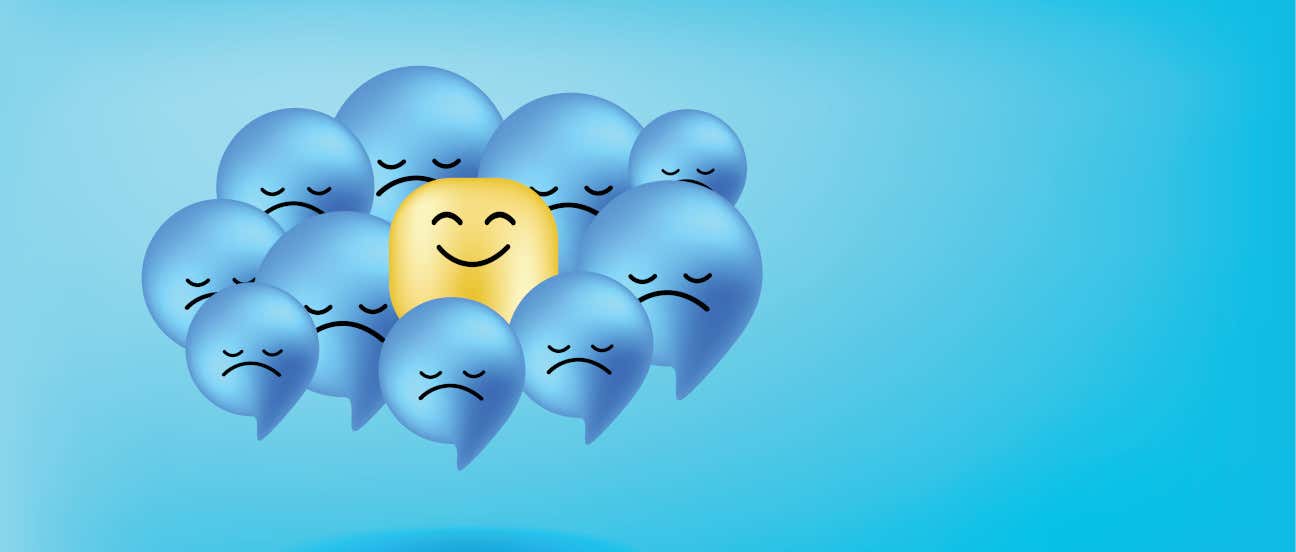 Dibujos de varios emojis de caras tristes y color azul rodeando a una cara feliz y de color amarillo