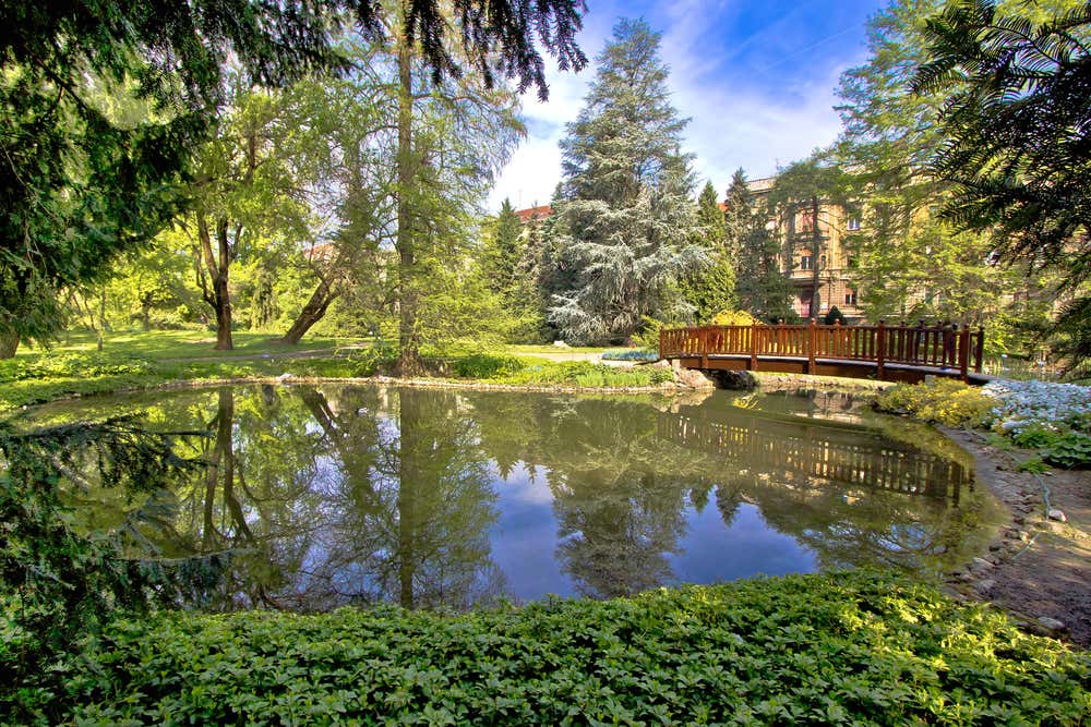 Un piccolo ponte in legno attraversa un laghetto al centro di un giardino pieno di alberi, piante e cespugli di vario tipo