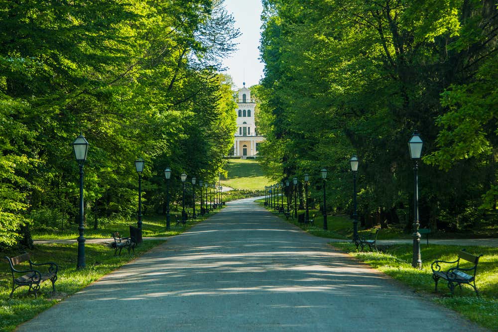 Un largo viale all'interno di un parco rigoglioso conduce a un palazzo bianco. Ai lati del viale ombroso ci sono lampioni in ottone e panchine