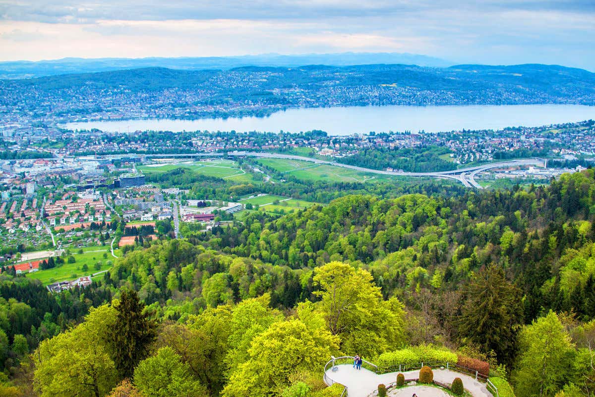 Una gran extensión boscosa con vistas a un lago rodeado de edificios residenciales en las afueras de Zúrich