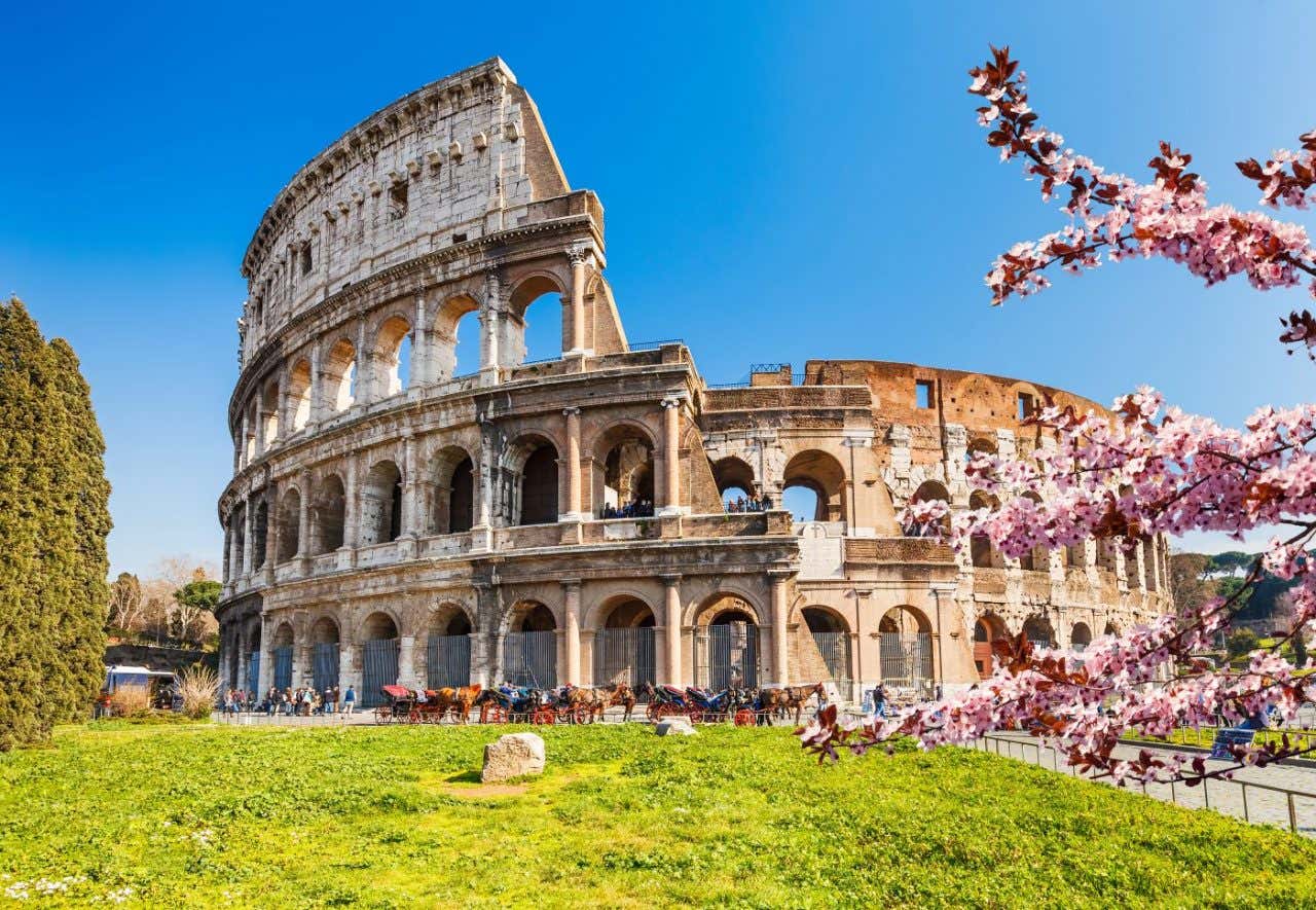 El Coliseo romano visto desde un jardín en un atardecer