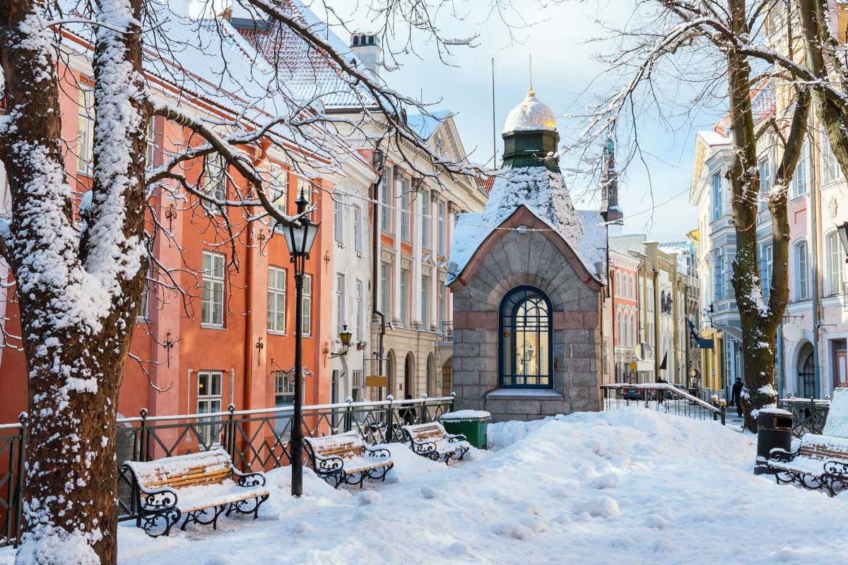 Nieve en una plaza de Tallin rodeada de casas de colores