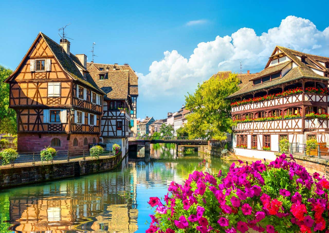 Maisons à colombages au bord d'un canal dans la Petite France, un quartier où faire une visite à Strasbourg