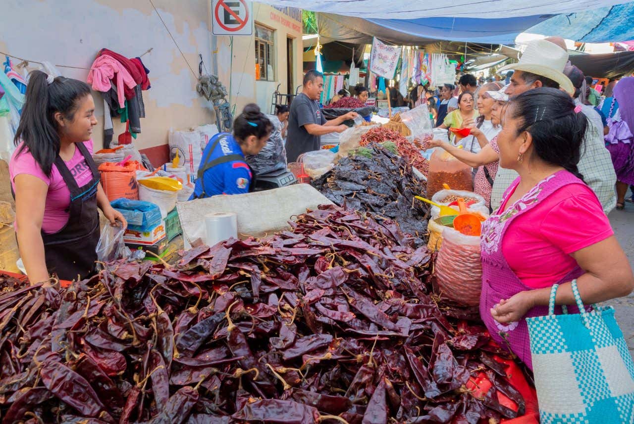 A market in Tlacolula de Matamoros, with vendors selling dried chiles to a line of customers.