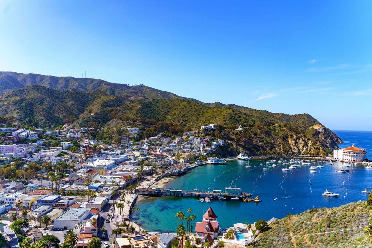 An aerial view of the coast of Catalina Island with dense buildings on the coast, and a mountain in the background.