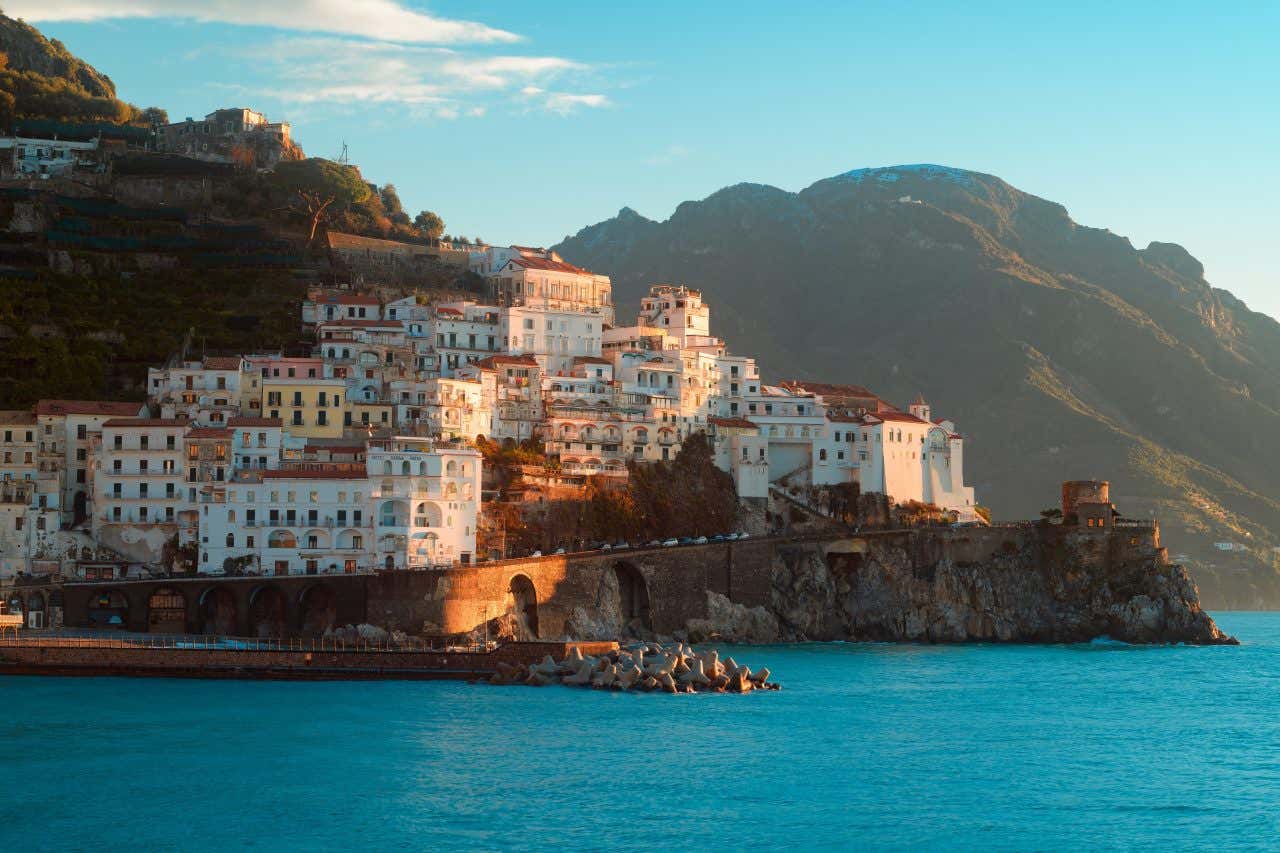 A town on the Amalfi Coast seen from the waters.