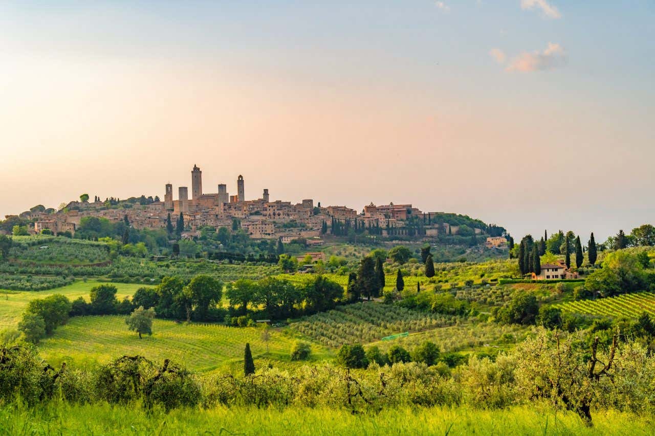 A Tuscan town seen from a distance, with a lovely green field between it and the camera.