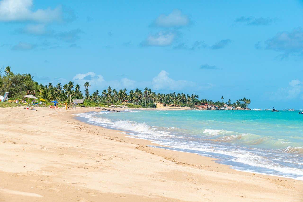 Praia de areia branca e mar turquesa com coqueiros ao fundo em um dia ensolarado