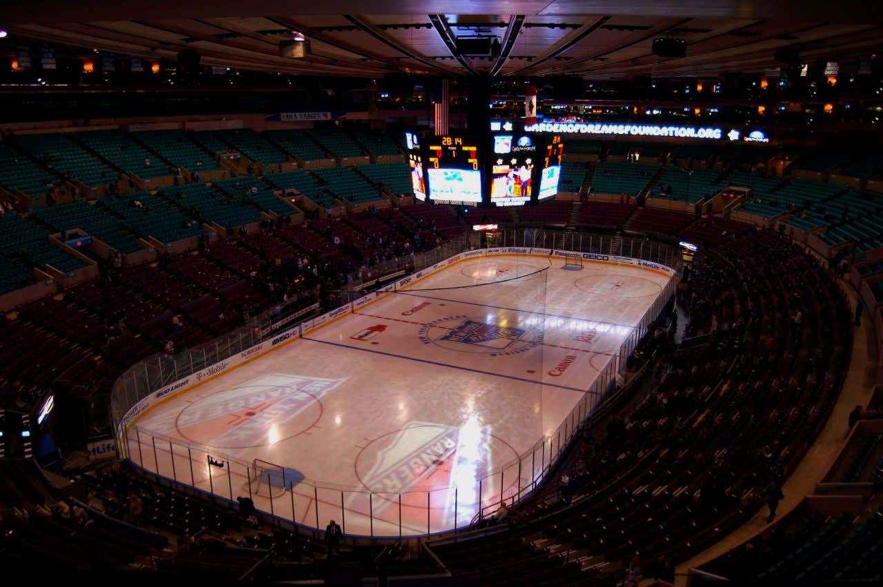 Madison Square Garden seen from the top of the seating area at one side of the arena.