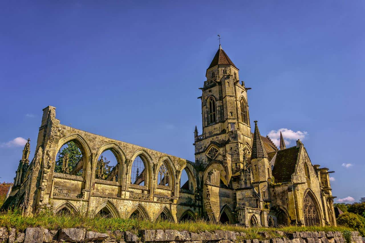 The Abbey of Saint-Étienne, in Caen, on a sunny day with blue skies