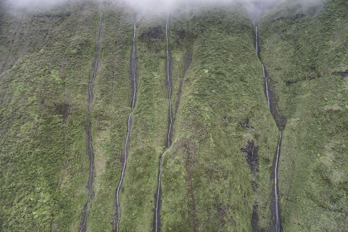Agua que cae de un pantano a gran altitud en la isla de Maui