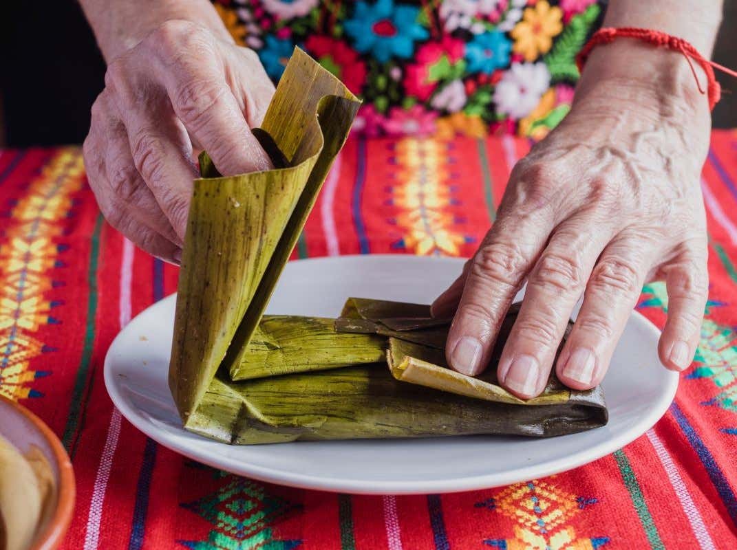 Unas manos de una mujer mayor envuelve un tamal en hojas verdes