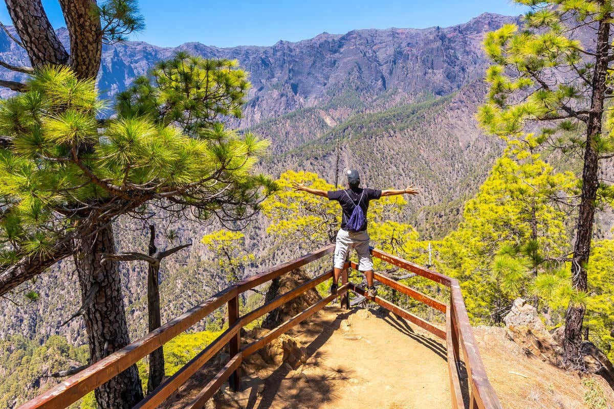 Un hombre con ropa deportiva posa de espaldas a la cámara extendiendo los brazos en el filo de un mirador con vistas a una caldera volcánica repleta de árboles