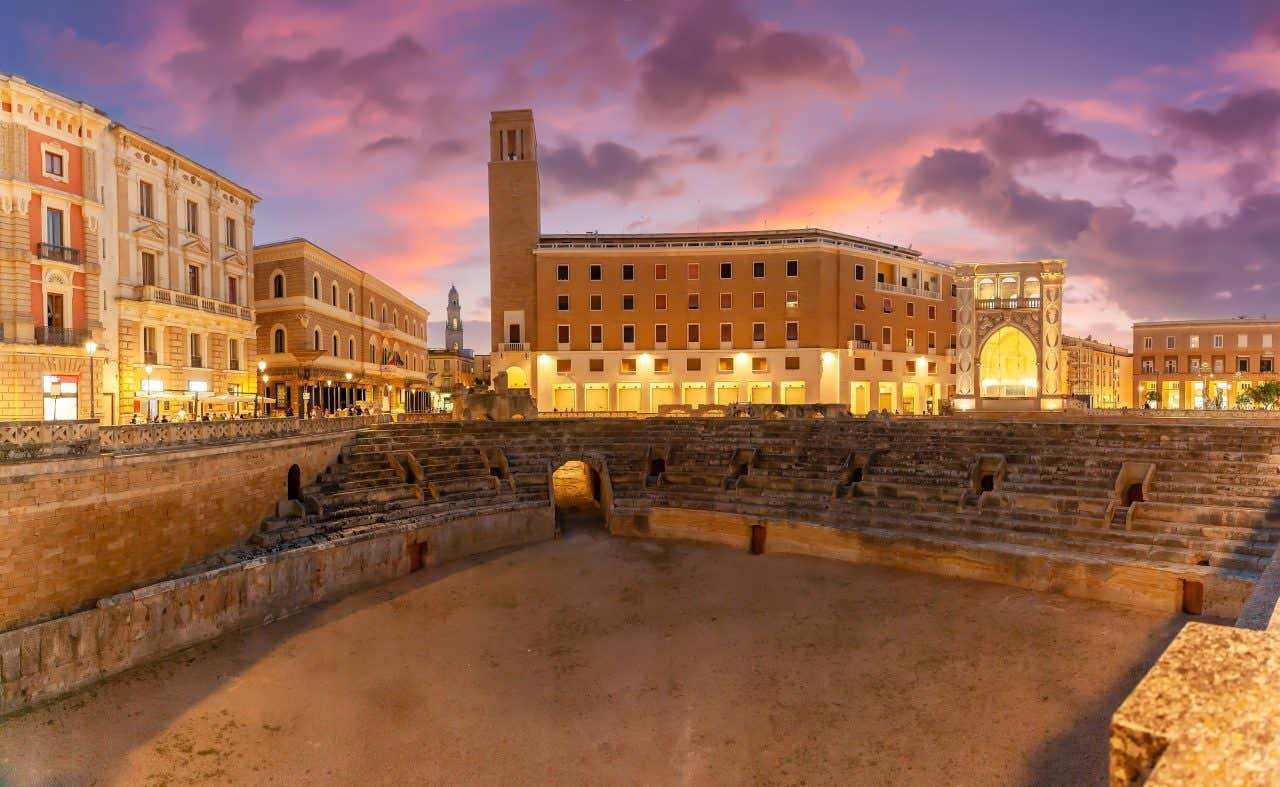 The Roman Amphitheatre of Lecce at sunset.