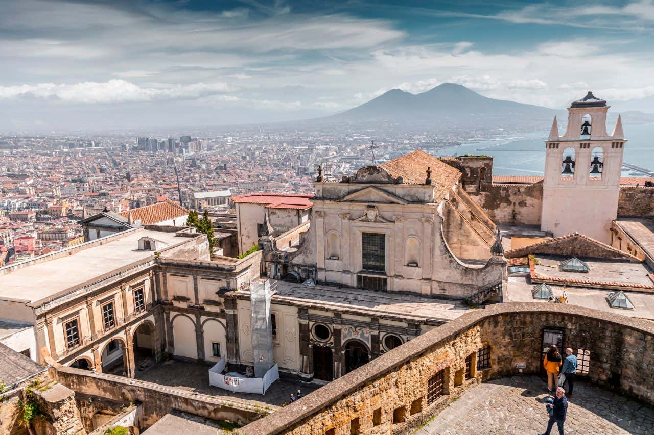 Castel Sant'Elmo in Naples seen from above, with the city in the background.