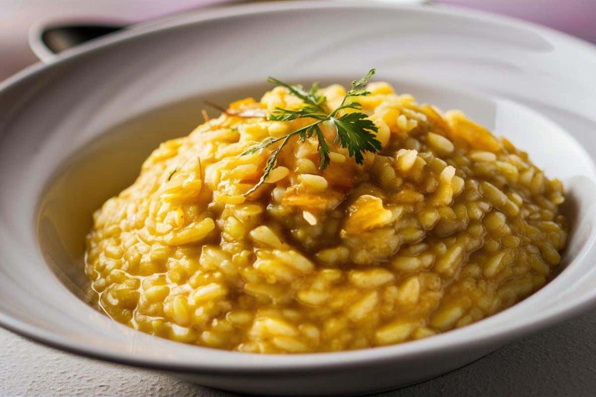 Un plato de risotto decorado con una hoja de cilantro