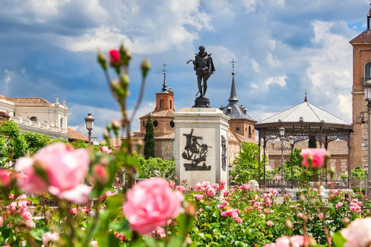 Rosiers roses flous au premier plan, une statue de Miguel de Cervantes en arrière-plan à Alcalá de Henares, un site de l'UNESCO à Madrid
