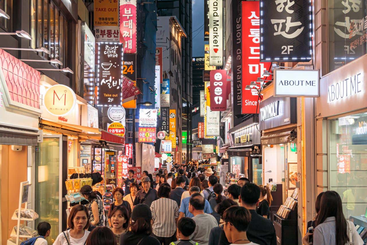 Bright streets with lots of bright signage in the district of Myeongdong.
