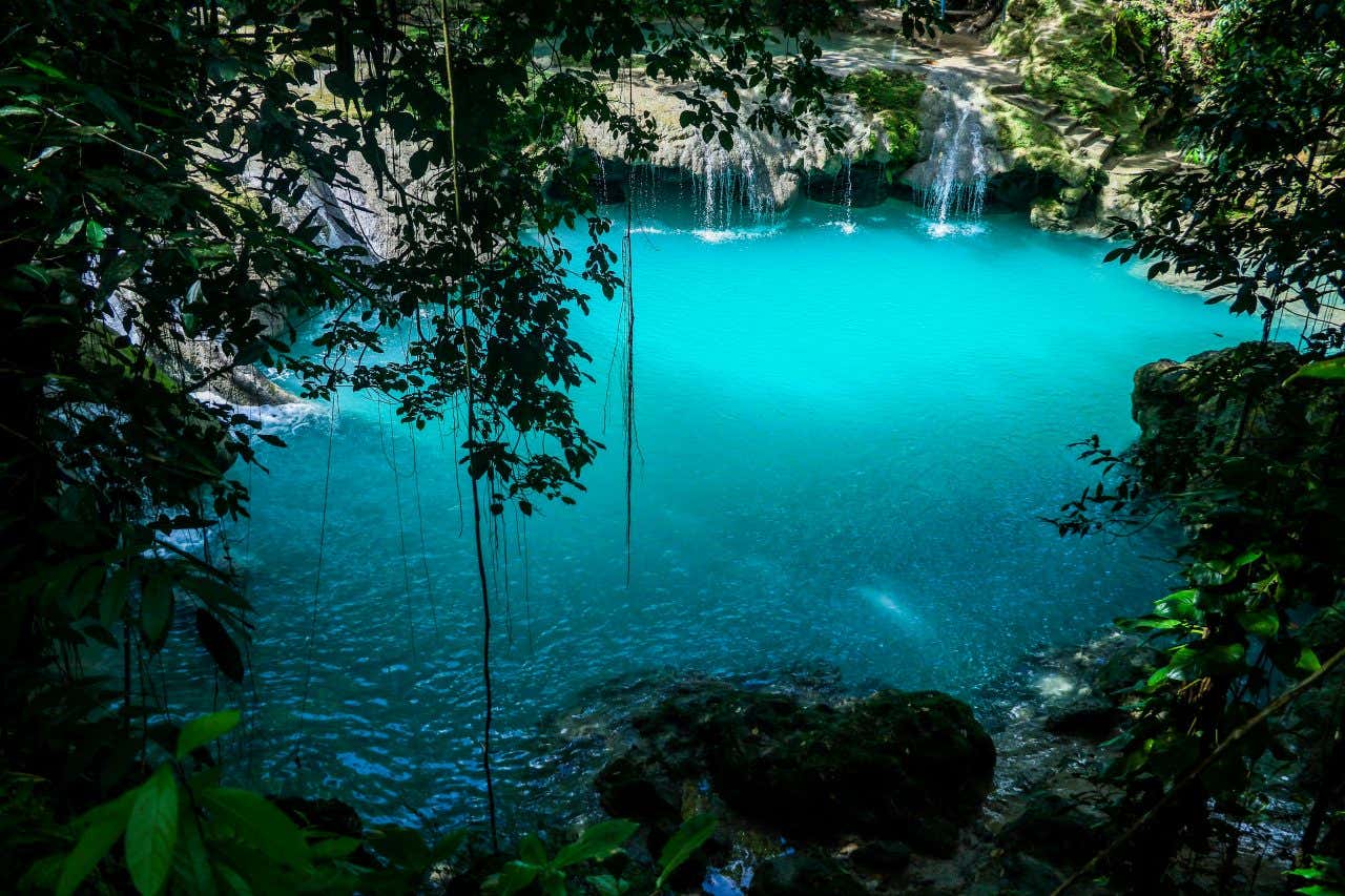 A natural swimming hole with clear, bright blue-green water, surrounded by dense green trees and vegetation. Small waterfalls flow into the pool, and vines hang down from the surrounding foliage.
