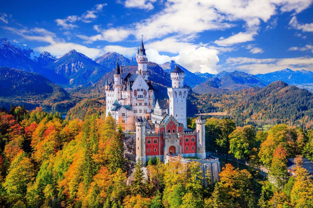Il castello di Neuschwanstein immerso nella foresta autunnale in Bavaria: le torri e le guglie del maniero emergono tra alberi dai colori caldi, sfumature dorate, rosse e arancio, mentre sullo sfondo, sotto un cielo limpido, si stagliano le cime delle Alpi bavaresi 