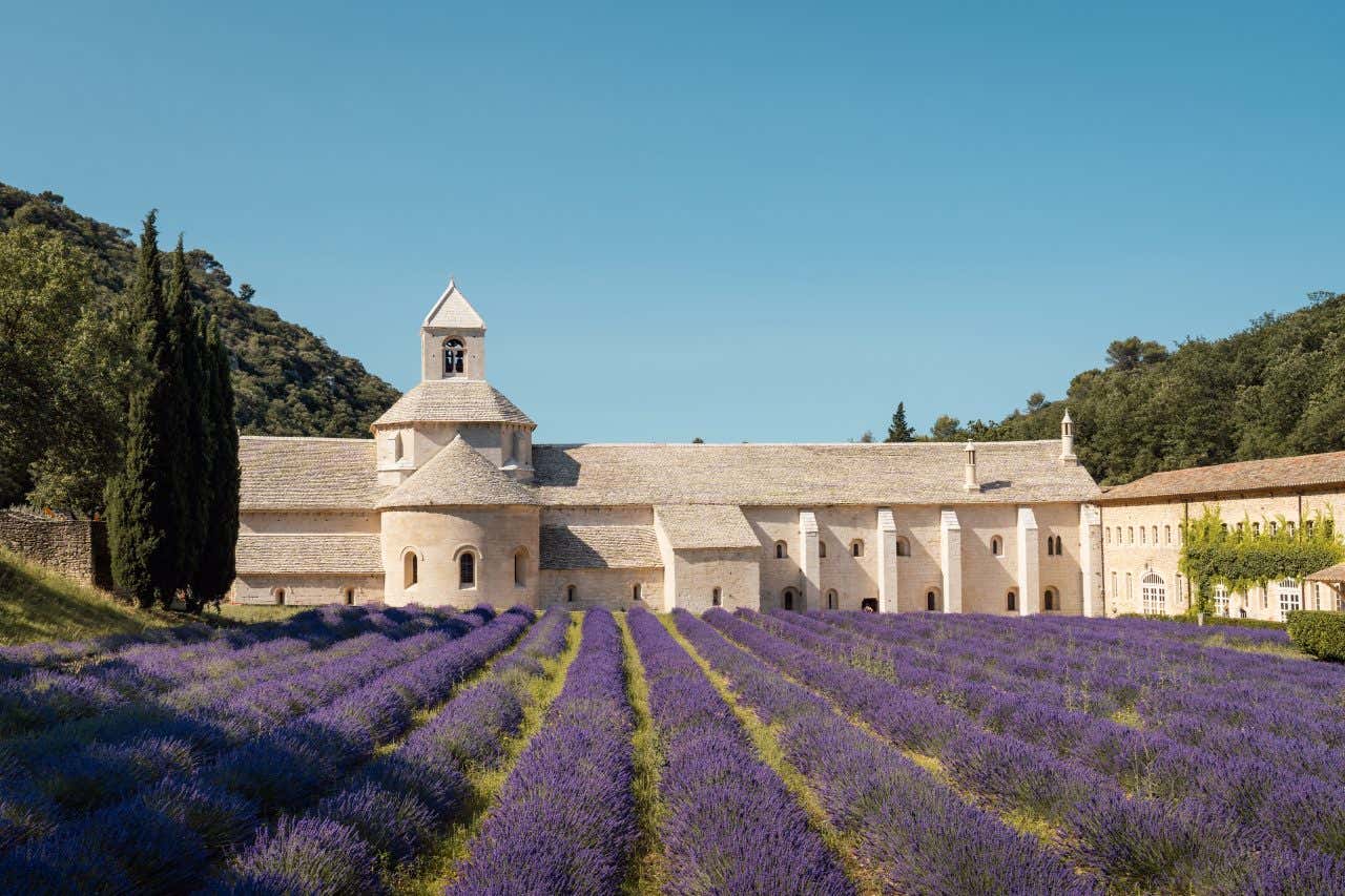 L'abbaye de Sénanque avec un champ de lavande en premier plan, une visite incontournable à faire en Provence