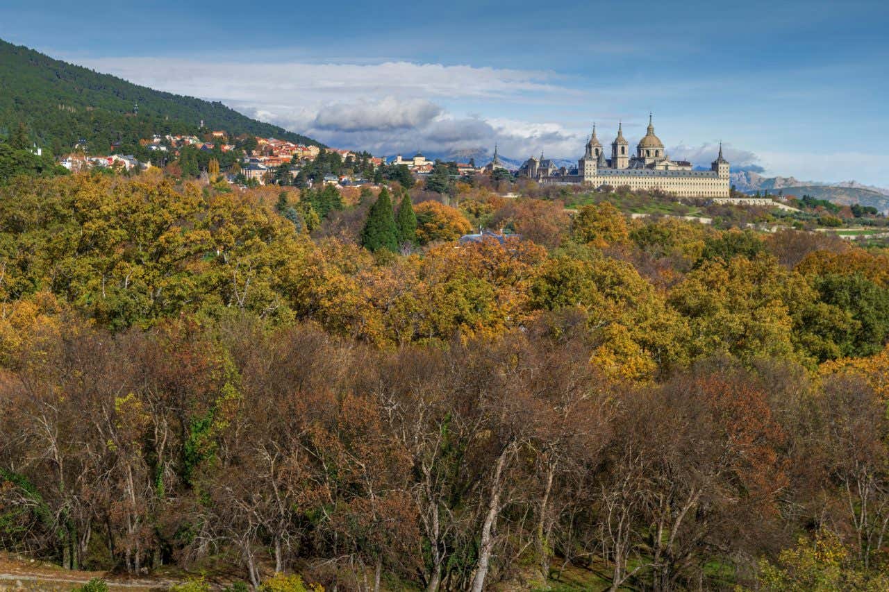 Vue panoramique de la ville de San Lorenzo de El Escorial, des arbres d'automne au premier plan et le Monastère Royal en arrière-plan