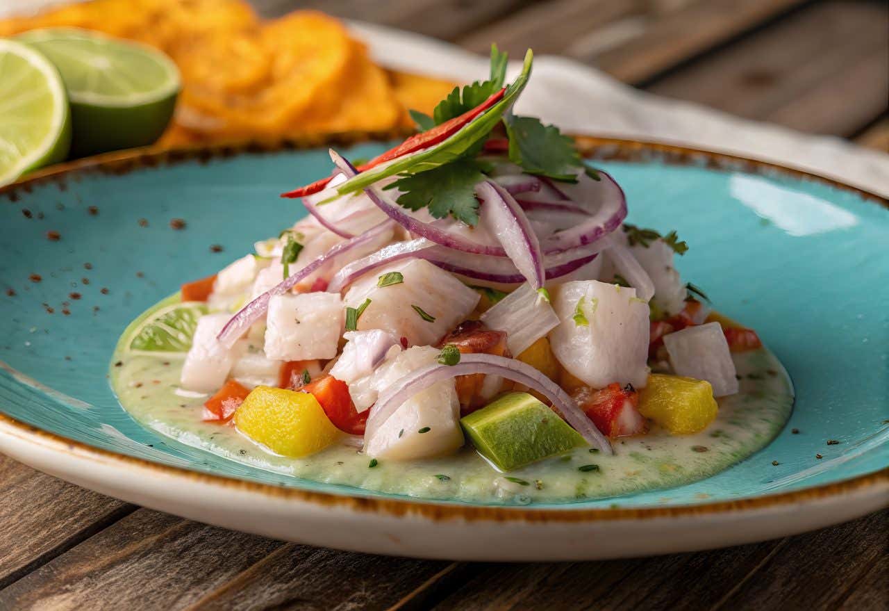 Prato turquesa com o ceviche peruano e limões e chips de batata ao fundo