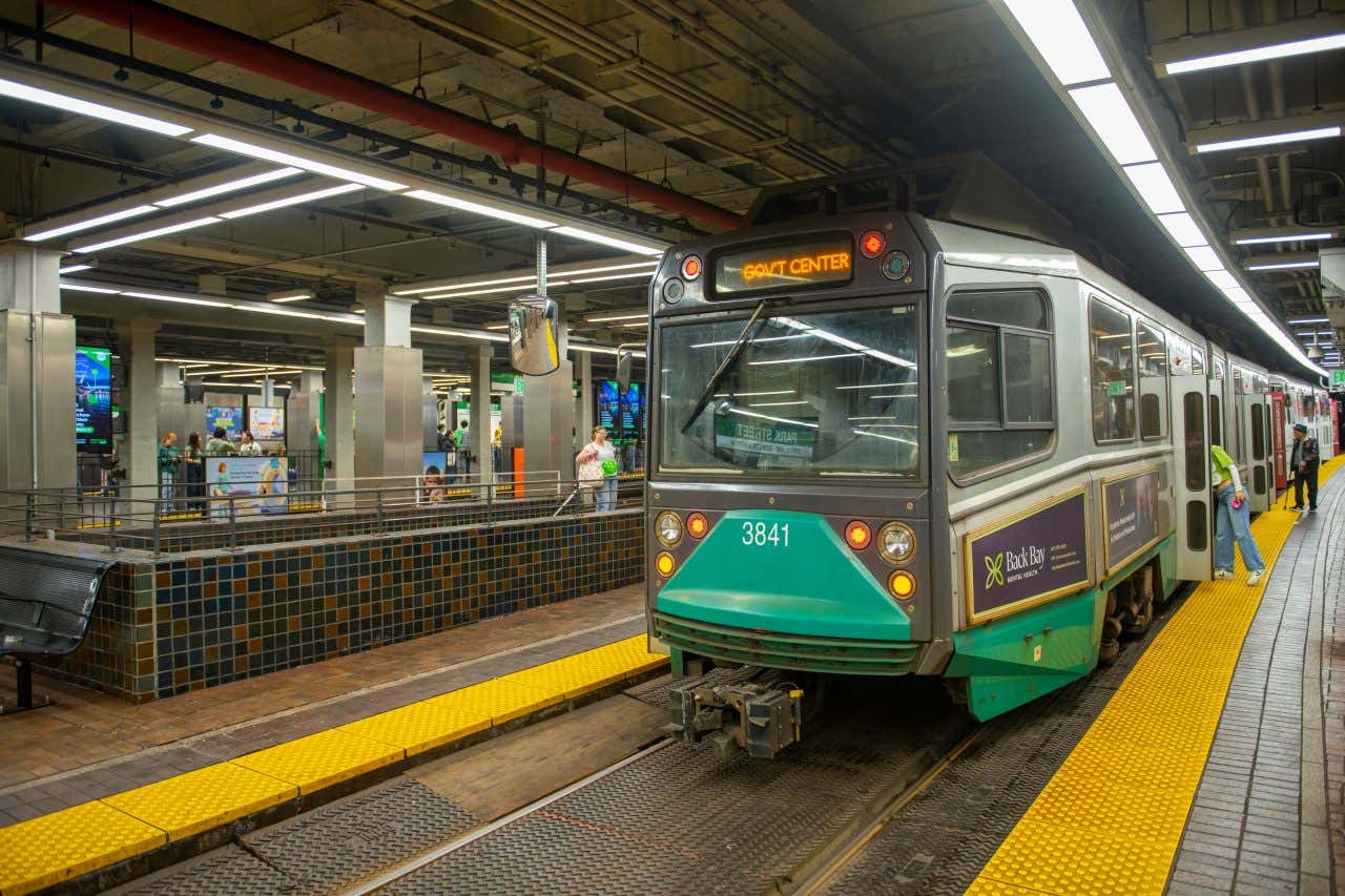 The underground train in Boston with its destination set as 'Government Center'.