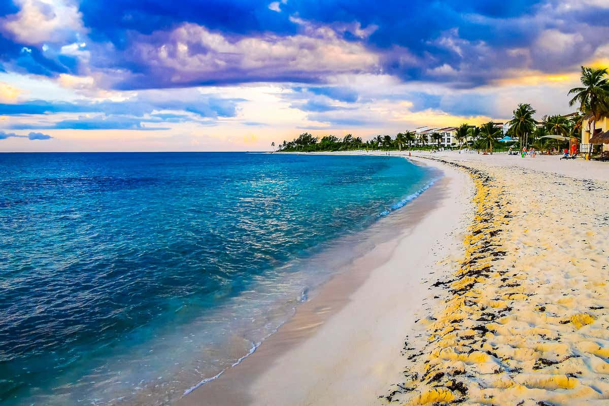 Panorámica de Playa del Carmen al atardecer con una orilla de arena blanca y unas aguas de un azul turquesa intenso