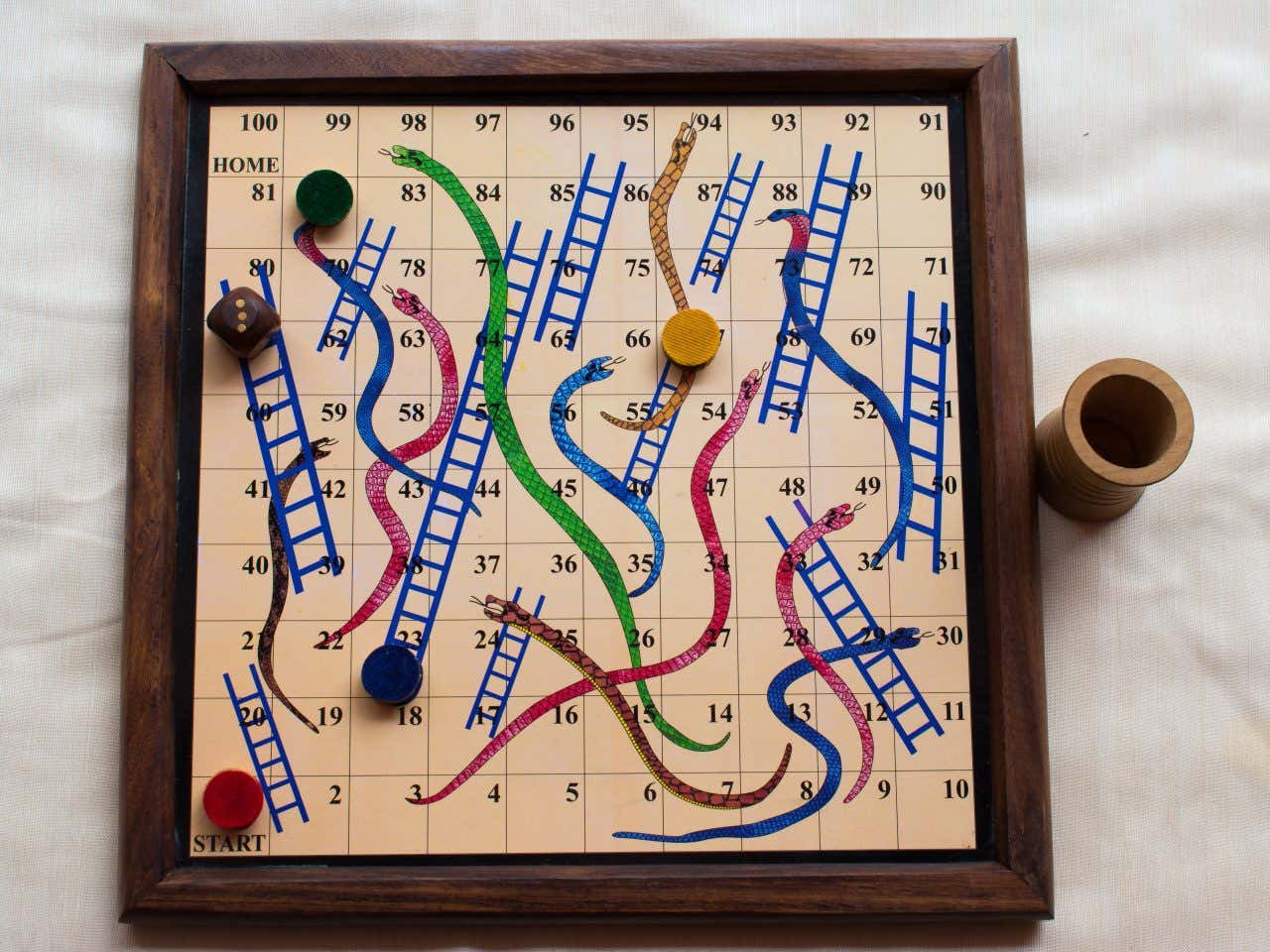 Tabellone del gioco Serpenti e Scale in legno, con pedine colorate e dadi. Sulla plancia c'è una griglia con scale blu che portano verso l’alto e serpenti colorati che riportano indietro i giocatori