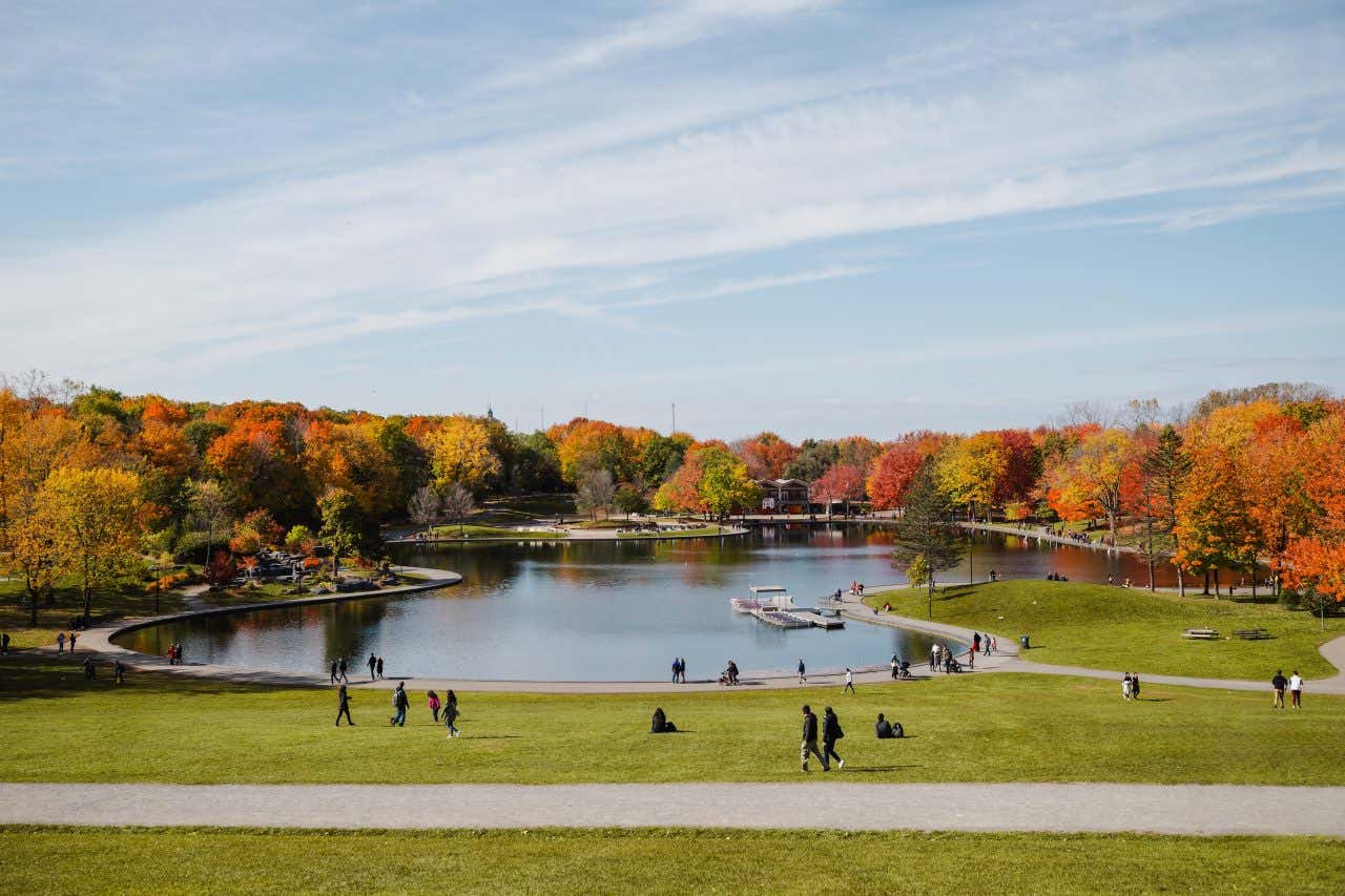Parc du Mont-Royal de Montréal dont le lac artificiel est entouré d'arbres aux couleurs automnales