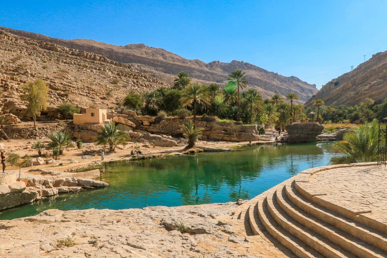 Veduta di un wadi in Oman con acqua turchese circondata da palme, rocce desertiche e montagne aride sotto un cielo azzurro limpido