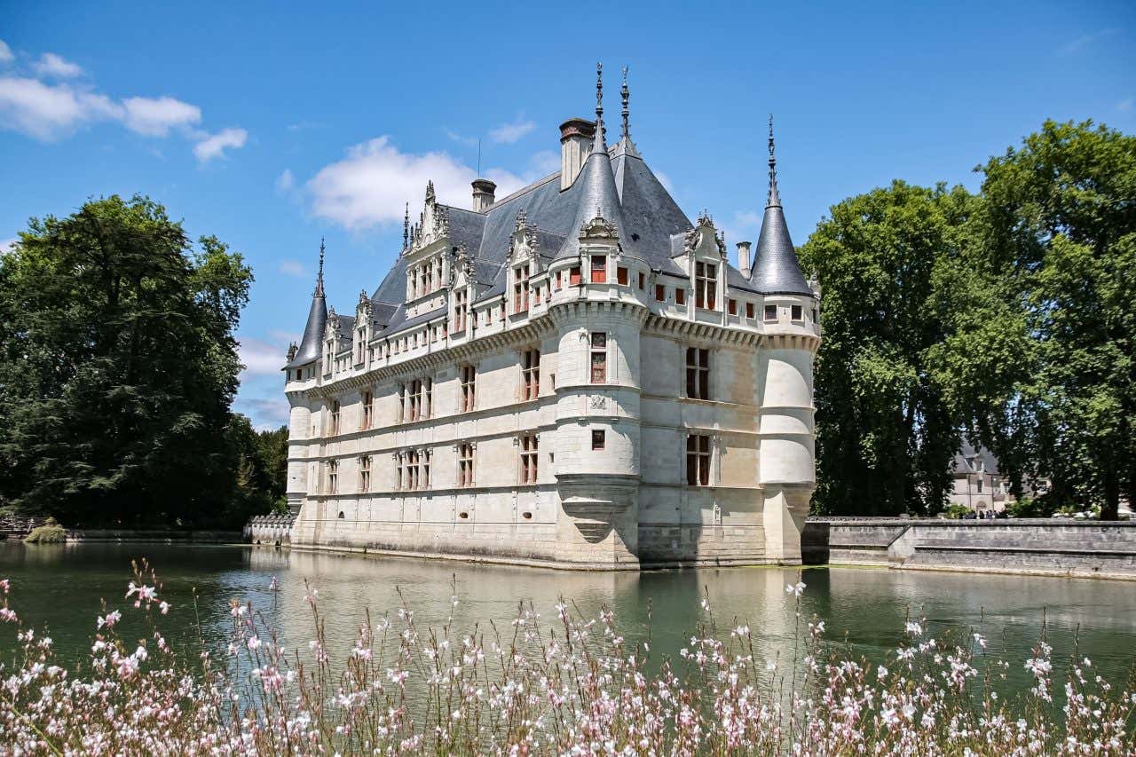 Alt Text: The Château of Azay-le-Rideau, a white stone castle with grey turrets, stands on an island in a moat. The water reflects the building, and flowers are visible in the foreground.