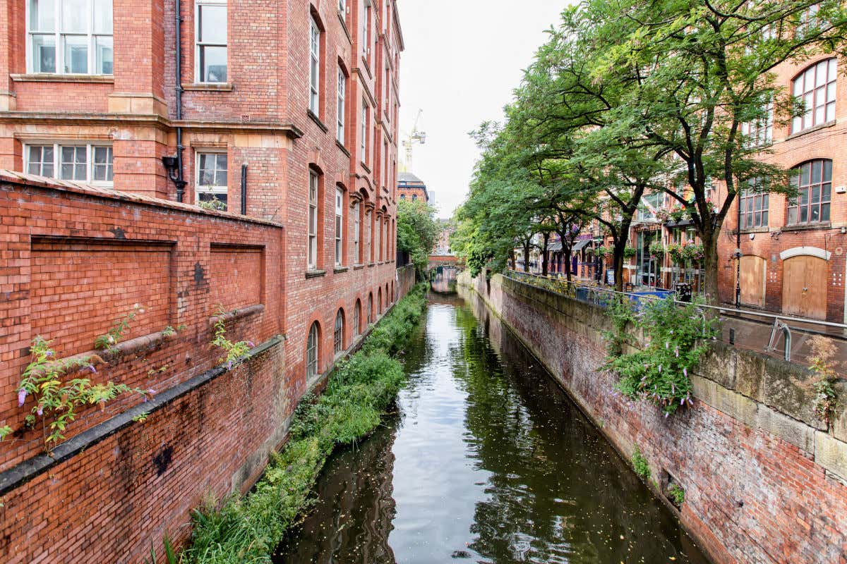 Un canal de agua atravesando una calle rodeada de viviendas de ladrillo