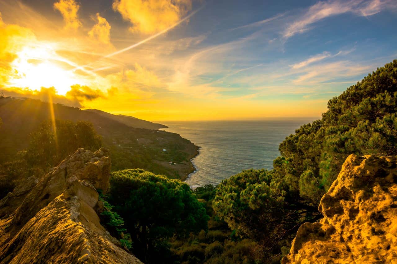 Atardecer en el Parque Rmilat con los colores del atardecer y el mar de fondo