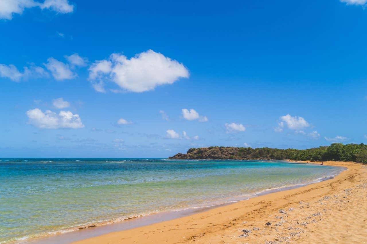 Una playa desierta de arena marrón y agua poco profundas