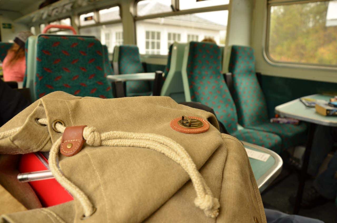 Una borsa da viaggio in tela poggiata su un tavolino di un treno in corsa, sullo sfondo sedili vuoti ed ergonomici