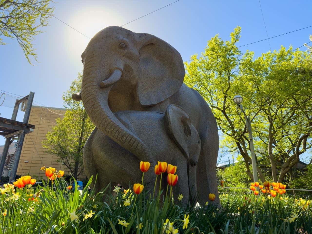Escultura de pedra de dois elefantes, adulto e filhote, em uma paisagem natural no zoológico da Filadélfia