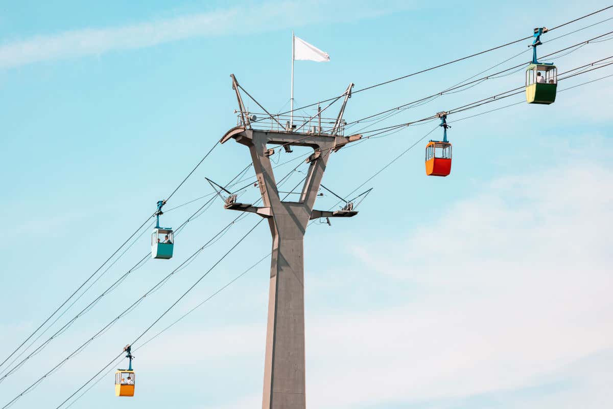 Un enorme poste sujetando varios cables y cabinas de un teleférico en un día despejado con pocas nubes