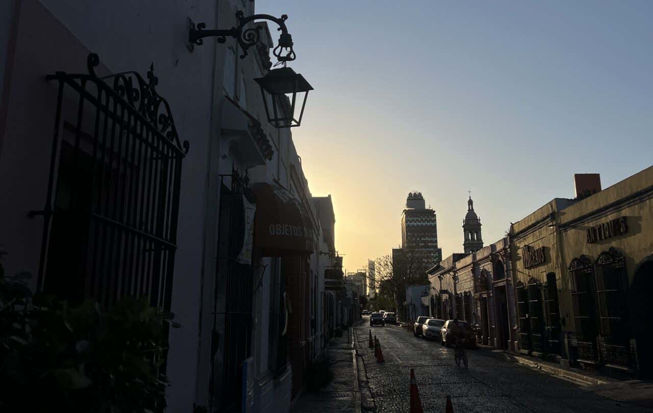A street in the Barrio Antiguo of Monterrey at sunset.