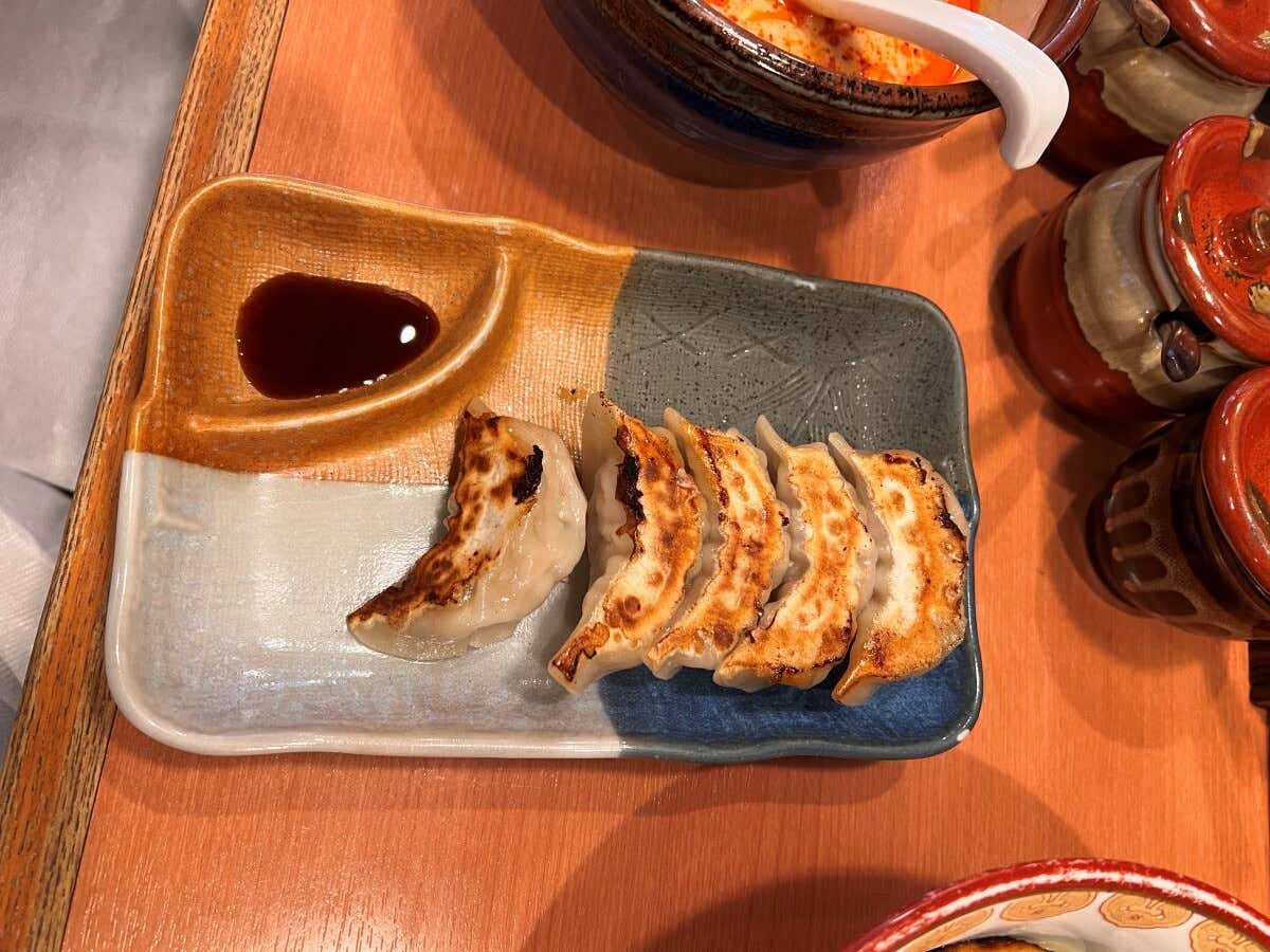 Cinco piezas de deliciosas gyozas sobre un plato de colores acompañadas con salsa de soja